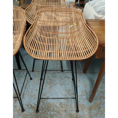 348 - BAR STOOLS, each 51cm W x 90cm H, a set of three Tiki style. (3)