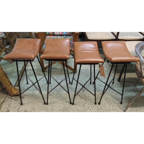 349 - BAR STOOLS, a set of four, each 36cm W x 69cm H, with leather seats and metal legs. (4)