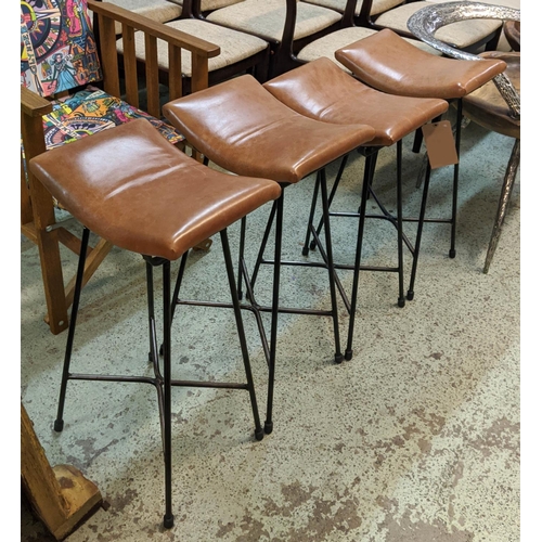 349 - BAR STOOLS, a set of four, each 36cm W x 69cm H, with leather seats and metal legs. (4)