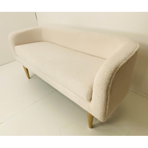 355 - CONTEMPORARY SOFA, neutral faux woollen upholstery, Italian style, raised on gilt legs, 133cm W x 52... 