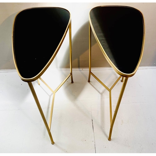 359 - TRIANGULAR OCCASIONAL TABLES, a pair, black inset glass tops, gilt metal frames. (2)