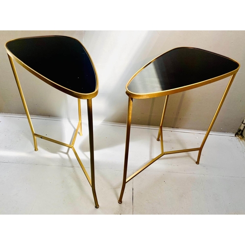 359 - TRIANGULAR OCCASIONAL TABLES, a pair, black inset glass tops, gilt metal frames. (2)