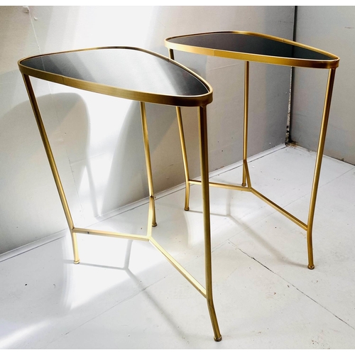 359 - TRIANGULAR OCCASIONAL TABLES, a pair, black inset glass tops, gilt metal frames. (2)