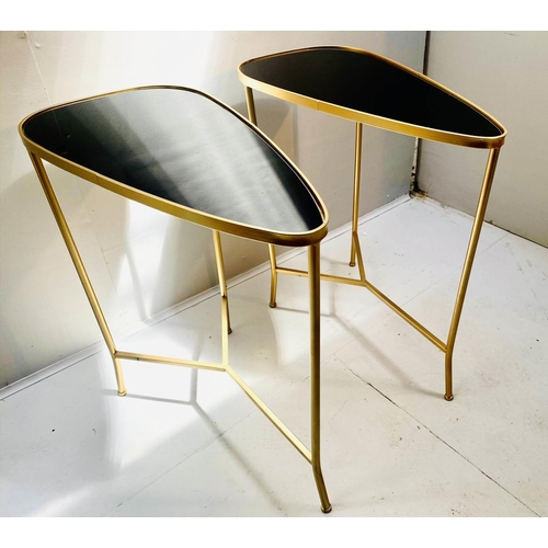 359 - TRIANGULAR OCCASIONAL TABLES, a pair, black inset glass tops, gilt metal frames. (2)