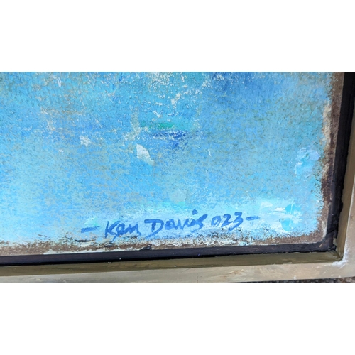37 - KEN DAVIS, 'Mozambique', oil on board, 51cm x 123cm, framed.