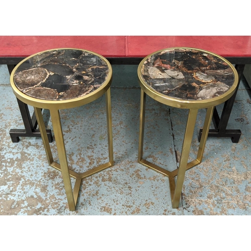 403 - ANDREW MARTIN STYLE TABLES, pair, marble tops, gilt metal frames, of circular form, 56cm H x 33cm di... 