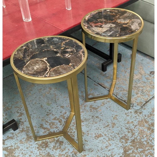 403 - ANDREW MARTIN STYLE TABLES, pair, marble tops, gilt metal frames, of circular form, 56cm H x 33cm di... 