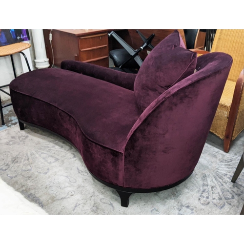 404 - PURPLE CHAISE AND CUSHION, 185cm L x 80cm D x 85cm H.