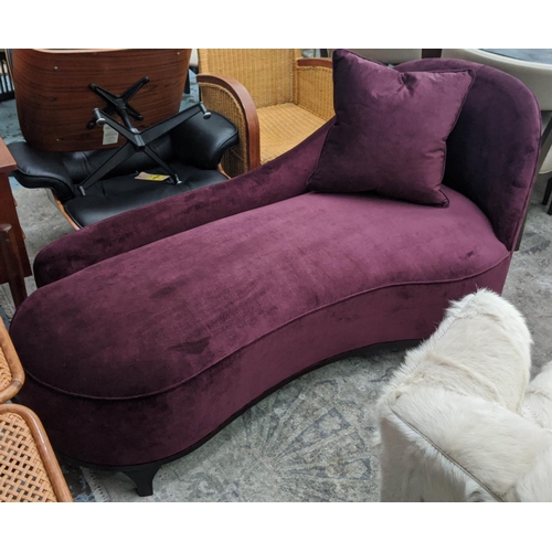 404 - PURPLE CHAISE AND CUSHION, 185cm L x 80cm D x 85cm H.