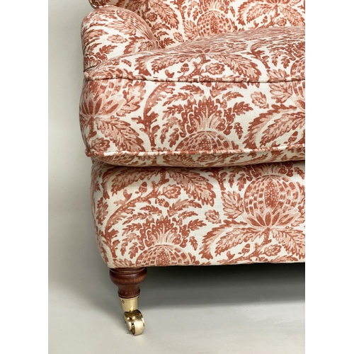 84 - SOFA, Howard style in the George Smith manner with terracotta floral pattern linen union upholstery ... 