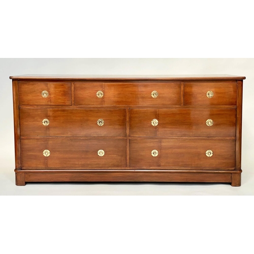 85 - LOW CHEST, Campaign style mahogany and brass mounted with seven drawers, 153cm W x 48cm D x 74cm H.