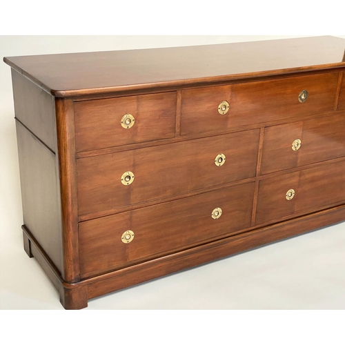 85 - LOW CHEST, Campaign style mahogany and brass mounted with seven drawers, 153cm W x 48cm D x 74cm H.