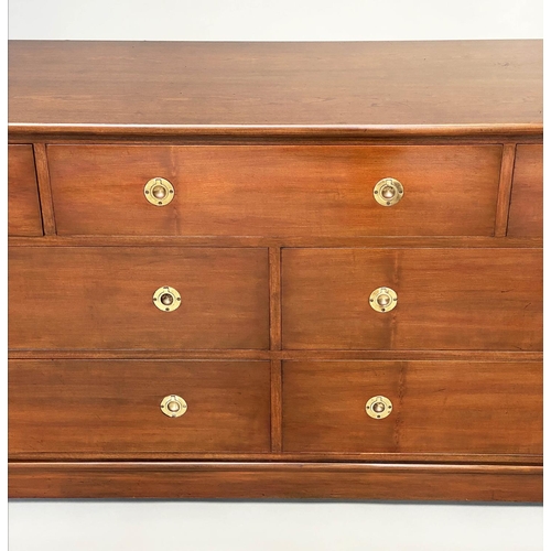 85 - LOW CHEST, Campaign style mahogany and brass mounted with seven drawers, 153cm W x 48cm D x 74cm H.