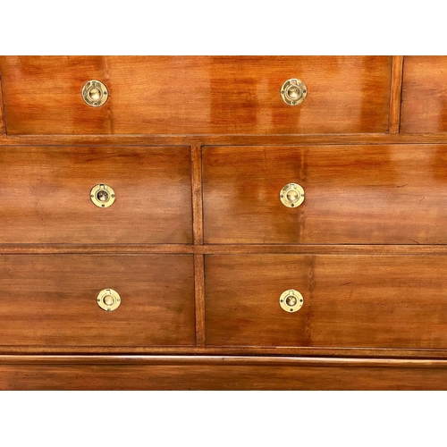 85 - LOW CHEST, Campaign style mahogany and brass mounted with seven drawers, 153cm W x 48cm D x 74cm H.