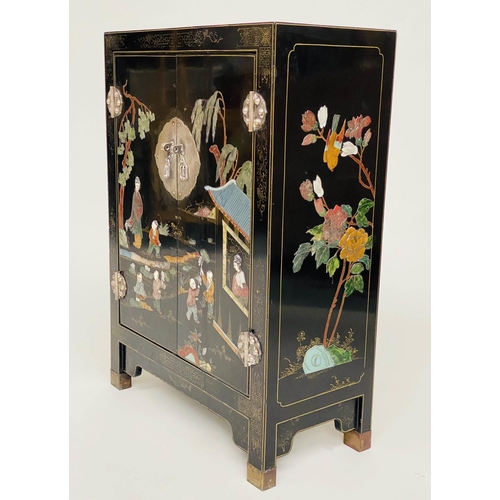 87 - CHINESE SIDE CABINET, black lacquered and hardstone and Chinoiserie decorated with two panelled door... 