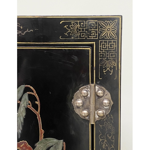 87 - CHINESE SIDE CABINET, black lacquered and hardstone and Chinoiserie decorated with two panelled door... 