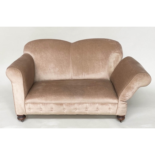 90 - SOFA/DAYBED, Edwardian taupe plush velvet upholstered with rounded arms (one drop arm).