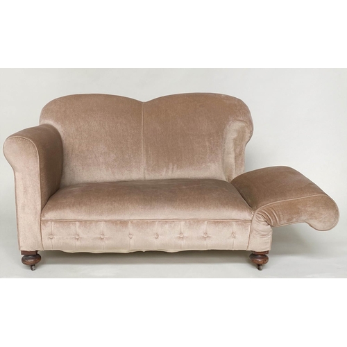 90 - SOFA/DAYBED, Edwardian taupe plush velvet upholstered with rounded arms (one drop arm).