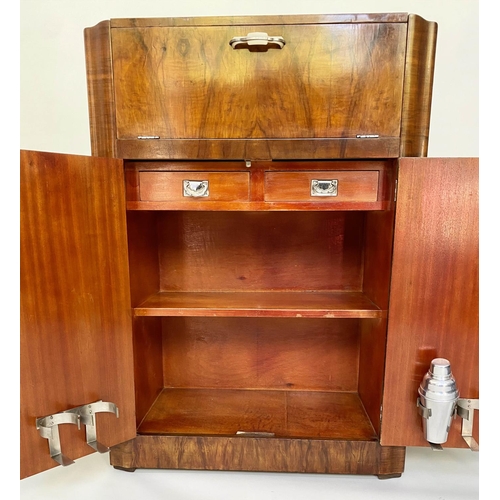 91 - COCKTAIL CABINET, Art Deco period figured walnut with rising lid enclosing lit fitted interior above... 