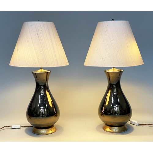 92 - TABLE LAMPS, a pair, Louisa gilt glazed ceramic with raw silk shade by Heathfield & Co, 77cm H. (2)