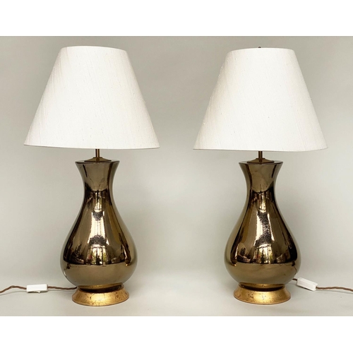 92 - TABLE LAMPS, a pair, Louisa gilt glazed ceramic with raw silk shade by Heathfield & Co, 77cm H. (2)