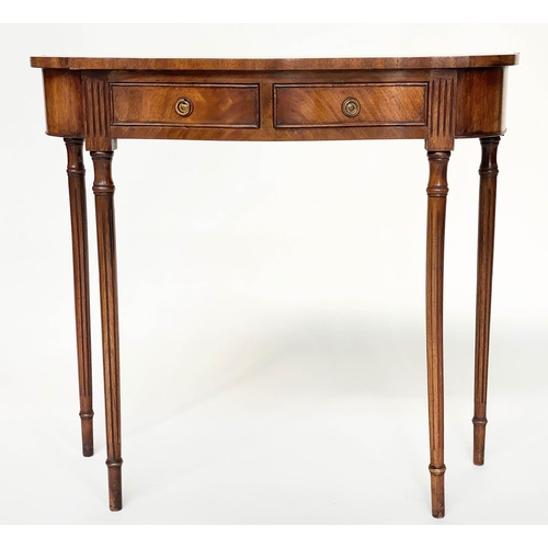 93 - HALL TABLE, George III style flame mahogany of serpentine outline with frieze drawer and tapering su... 