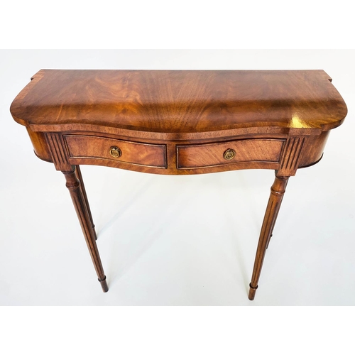 93 - HALL TABLE, George III style flame mahogany of serpentine outline with frieze drawer and tapering su... 