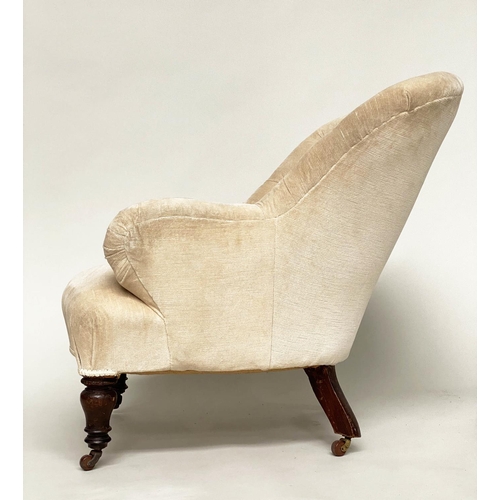 94 - ARMCHAIR, Victorian walnut with chenille velvet buttoned upholstery and turned front supports, 66cm ... 