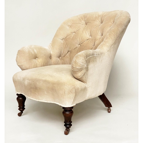 94 - ARMCHAIR, Victorian walnut with chenille velvet buttoned upholstery and turned front supports, 66cm ... 