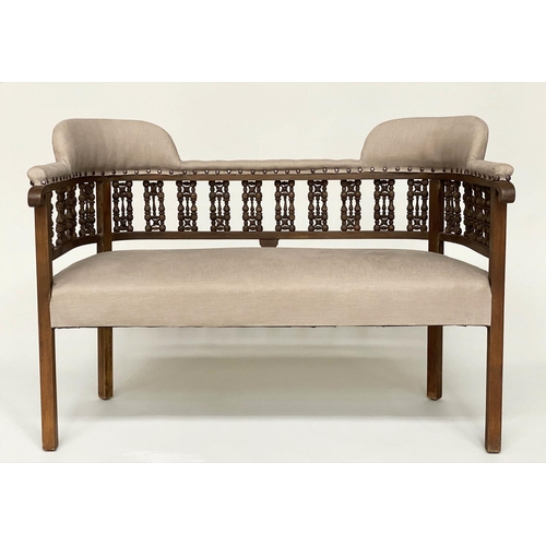 96 - HALL BENCH, early 20th century linen upholstered with Moorish style pierced fretwork back, 107cm W.