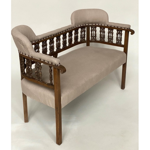 96 - HALL BENCH, early 20th century linen upholstered with Moorish style pierced fretwork back, 107cm W.