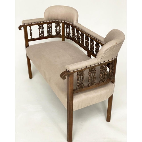 96 - HALL BENCH, early 20th century linen upholstered with Moorish style pierced fretwork back, 107cm W.