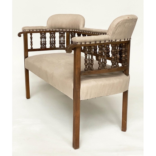 96 - HALL BENCH, early 20th century linen upholstered with Moorish style pierced fretwork back, 107cm W.