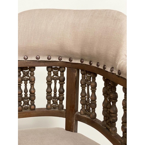 96 - HALL BENCH, early 20th century linen upholstered with Moorish style pierced fretwork back, 107cm W.