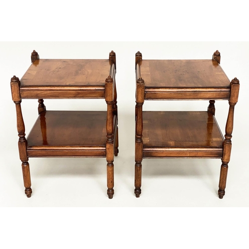 98 - OCCASIONAL TABLES, a pair, George III style yewwood, each with two tiers, 31cm x 31cm x 45cm. (2)