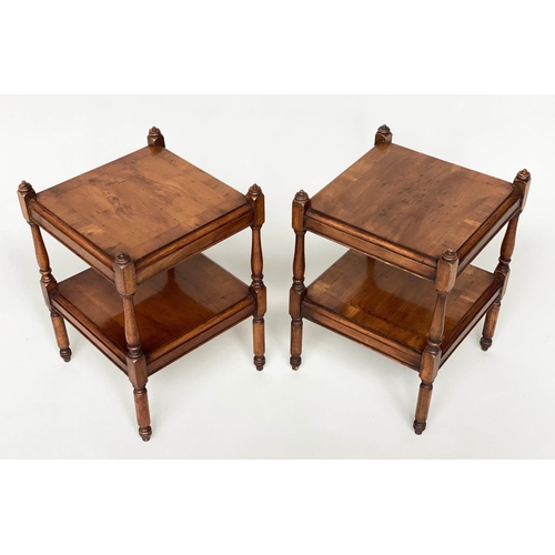 98 - OCCASIONAL TABLES, a pair, George III style yewwood, each with two tiers, 31cm x 31cm x 45cm. (2)