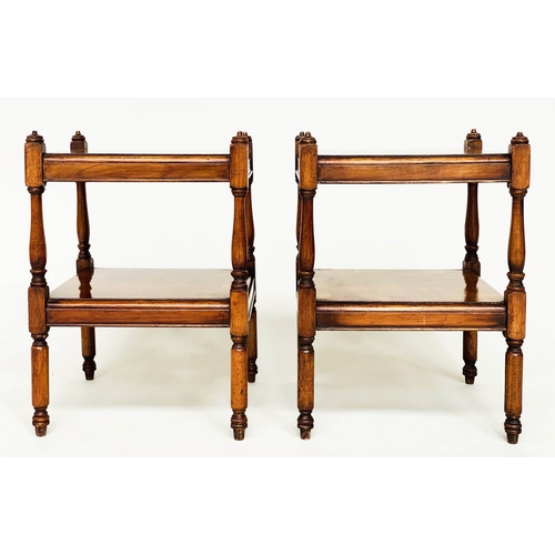 98 - OCCASIONAL TABLES, a pair, George III style yewwood, each with two tiers, 31cm x 31cm x 45cm. (2)