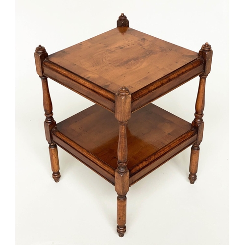 98 - OCCASIONAL TABLES, a pair, George III style yewwood, each with two tiers, 31cm x 31cm x 45cm. (2)