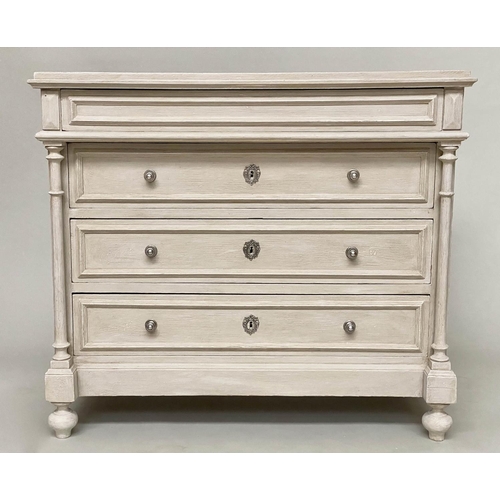 99 - COMMODE, 19th century French Napoleon III traditionally grey painted, with four long drawers and col... 