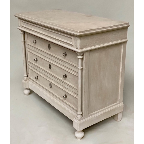 99 - COMMODE, 19th century French Napoleon III traditionally grey painted, with four long drawers and col... 