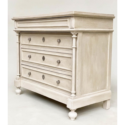 99 - COMMODE, 19th century French Napoleon III traditionally grey painted, with four long drawers and col... 