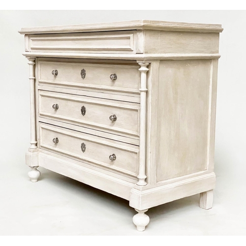 99 - COMMODE, 19th century French Napoleon III traditionally grey painted, with four long drawers and col... 