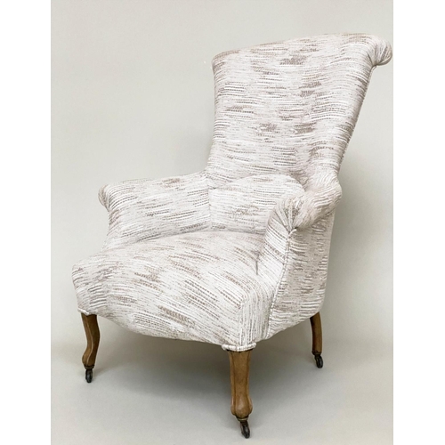 102 - ARMCHAIR, mid 20th century white upholstered with scroll arms and shaped supports, 79cm W.