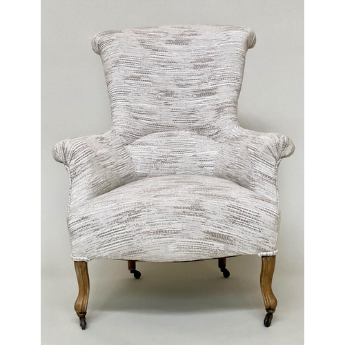 102 - ARMCHAIR, mid 20th century white upholstered with scroll arms and shaped supports, 79cm W.