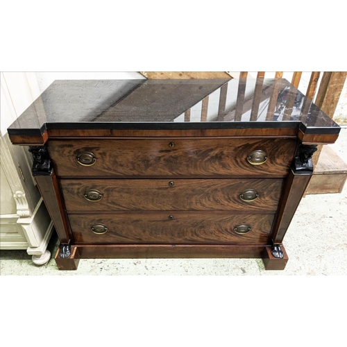 130 - 19TH CENTURY EMPIRE STYLE MAHOGANY AND EBONISED COMMODE, later black marble top, three drawers, side... 