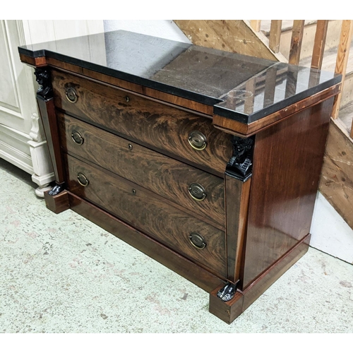 130 - 19TH CENTURY EMPIRE STYLE MAHOGANY AND EBONISED COMMODE, later black marble top, three drawers, side... 