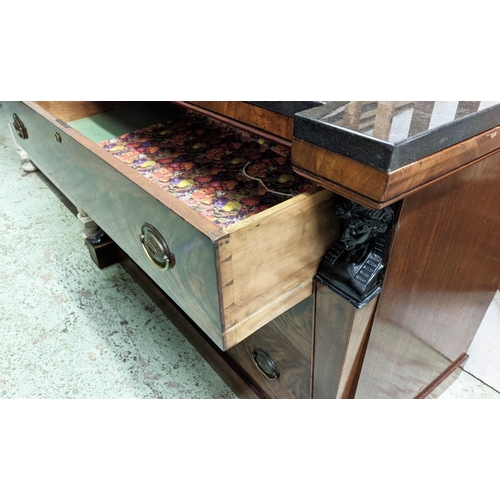 130 - 19TH CENTURY EMPIRE STYLE MAHOGANY AND EBONISED COMMODE, later black marble top, three drawers, side... 