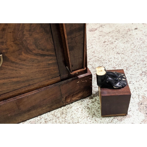 130 - 19TH CENTURY EMPIRE STYLE MAHOGANY AND EBONISED COMMODE, later black marble top, three drawers, side... 