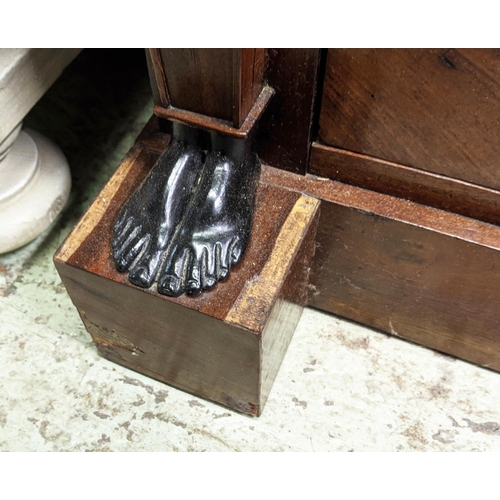 130 - 19TH CENTURY EMPIRE STYLE MAHOGANY AND EBONISED COMMODE, later black marble top, three drawers, side... 