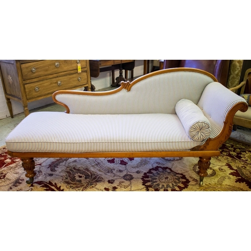 157 - CHAISE LONGUE, 92cm H x 198cm W x 66cm D, early Victorian maple, circa 1840 with squab and bolster c... 